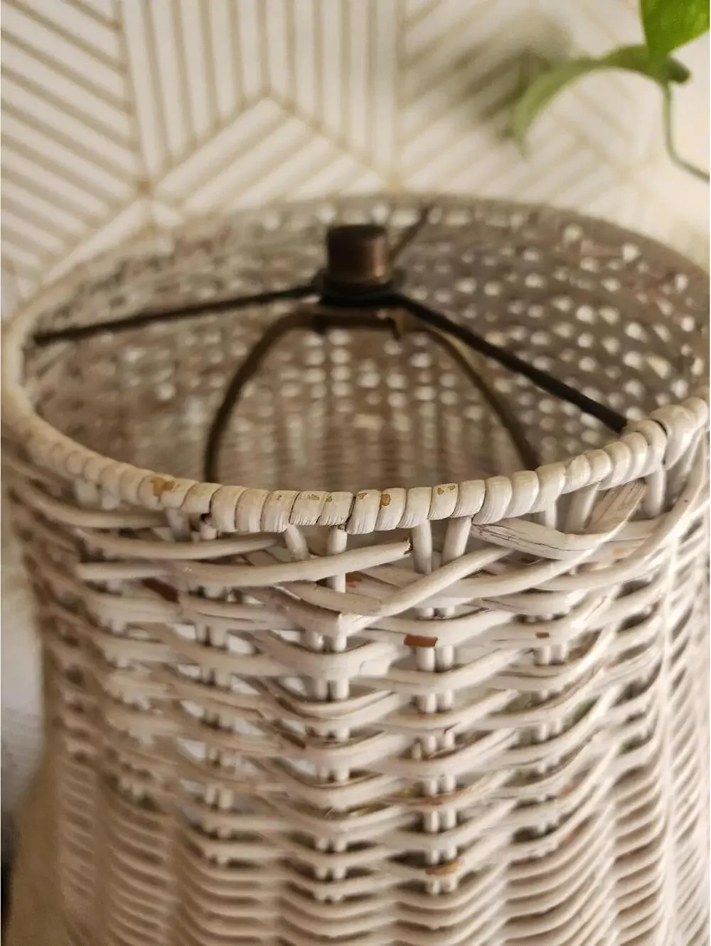 Mid-Century Coastal Boho Chic White Wicker Table Lamp and Shade